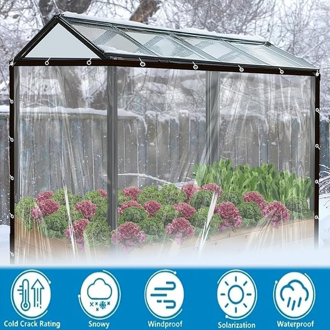 7x11 FT Clear tarp Waterproof Heavy Duty,Plastic Tarp Edge Heat Fused Rope+Tie-Downs, with Outdoor Patio Enclosure Chicken Coop Cover Waterproof Transparent Tarpaulin, for Porch Greenhouse Plant