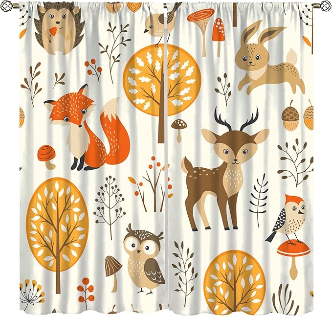 Kids Forest Animal Curtains,Baby Bedroom Window Treatments, Cartoon Watercolor Forest Animal Lion Boys Girls Children Bedroom Drapes 63x72in