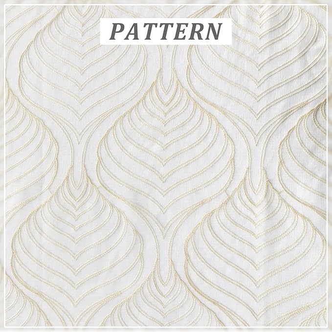 VISIONTEX Sheer Curtains 63 Inch Length 2 Panels Set Beige Moroccan Embroidery Texture Geometric Rod Pocket Ivory White Voile Tulle Semi Window Treatment Pair for Bedroom Living Room 54 x 63 Inches