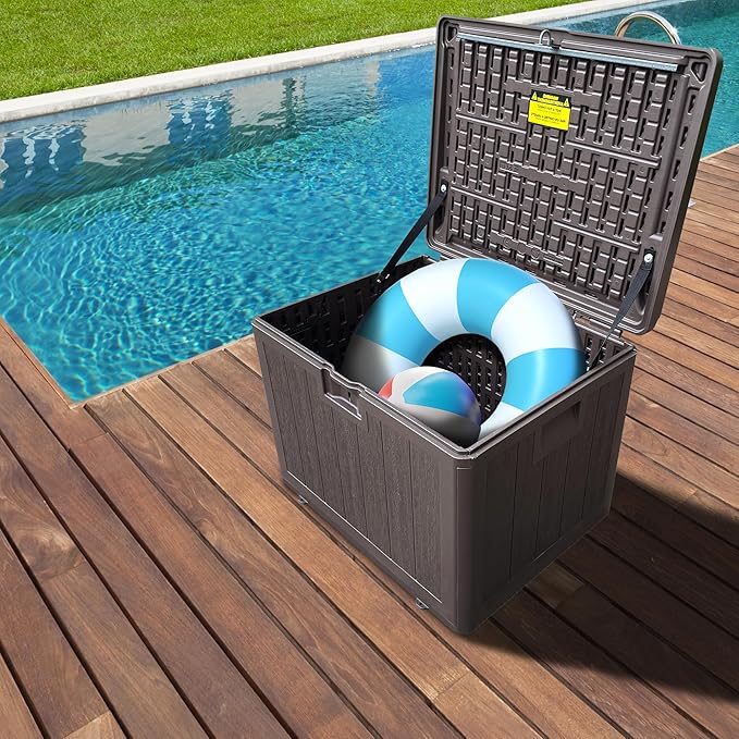 33GAL Brown Blow - Molded Outdoor Deck Box with Lockable Lid - Waterproof, SGS - Certified UV Resistance, Durable Construction for Garden Tool and Pool Accessory Storage, Simple Assembly
