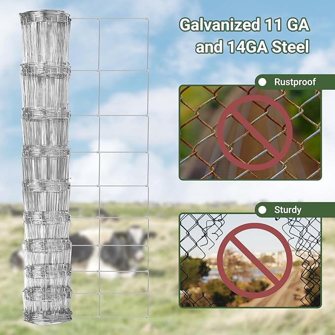 Farm Fence 4.5FT x 164FT, Galvanized Cattle Fence, Heavy Zinc Coating Wire Fencing, 14GA Livestock Fence, Goat Fence, Hog Wire Fencing Perfect for Pest Control, Livestock & Animals Protection