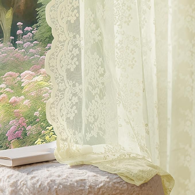 Anmao Vintage Lace Curtains 84 Inches Long 2 Panels Set, Romantic Elegant Light Filtering Semi Sheer Floral Thick Lacy Curtain Drapes for Living Room and Bedroom, Each Panel 55W x 84L, Cream Yellow