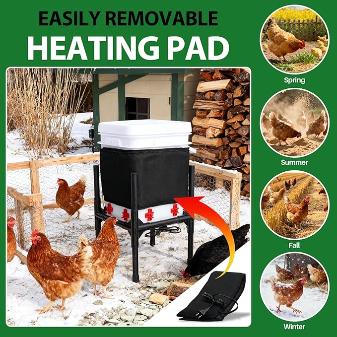 Heated Chicken Waterer,3 Gallon Chicken Poultry Water Heater with Stand for Winter with 8 Nipples + 4 Extras (black, 3 Gallon)