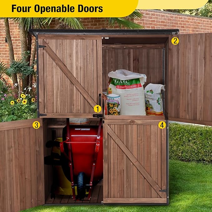 Aivituvin Outdoor Storage Shed with Floor, Garden Tool House with Metal Frame Structure, Large Wooden Cabinet with Adjustable Shelves for Backyard Garden Patio (Dark Brown)