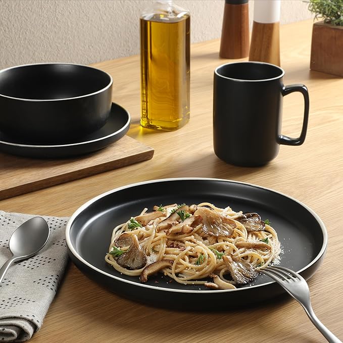 Gibson Home Zuma Nuevo 32 Piece Plates, Bowls, and Mug (Service for 8) Dinnerware Set - Black