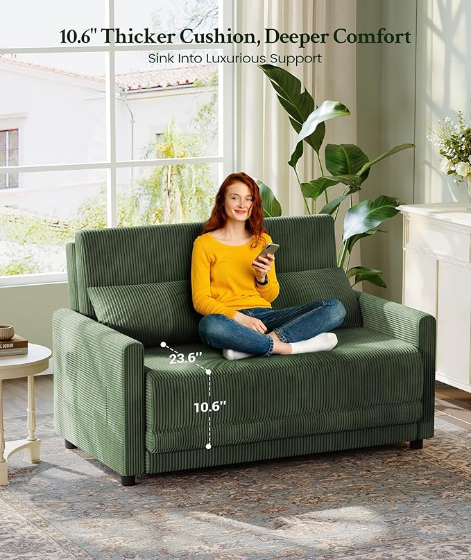 53” Convertible Sofa Bed Couch, Corduroy Couch Bed, 6-Position Loveseat Sleeper Sofa, Love Seat Sleeper Bed 23.6" Extra Deep Seat, Modern Couches for Living Room/Apartment/Home/Office, Green