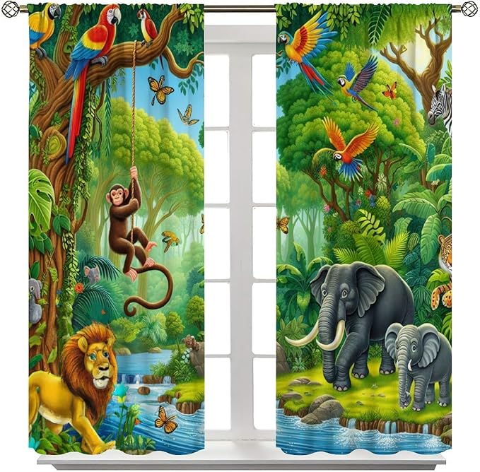 Animals Window Curtain Cartoon Jungle Forest Elephant Lion Print Curtains for Kids Boys Girls Nursery Baby Bedroom Playroom Home Decor Window Drapes 42" W X 45" L