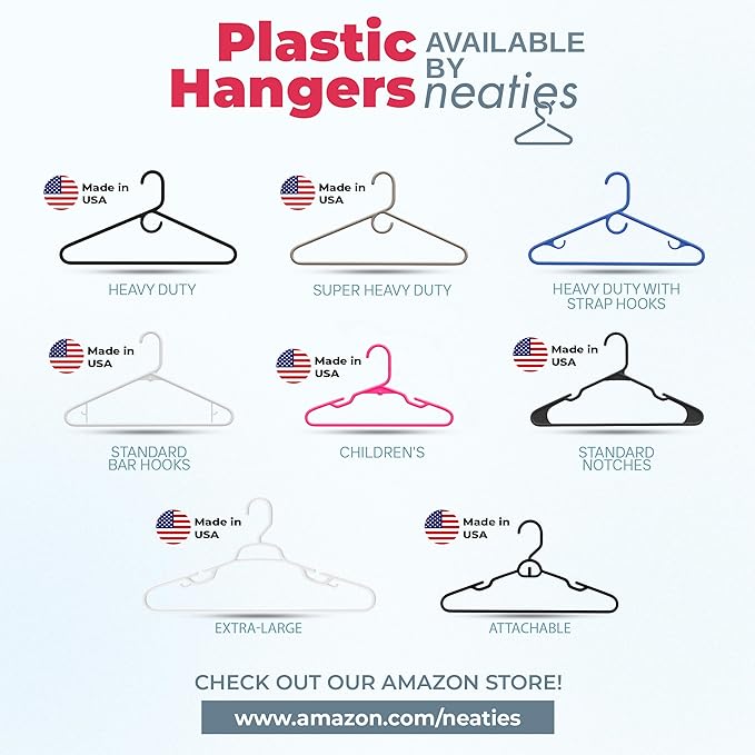 Neaties Heavy Duty Clothes Hangers 50+ Pack (72 Count) – Made in The USA – 8lb Capacity Plastic Hangers for Adult Clothing – Durable for Pants, Coats, Jackets, or Jeans – White