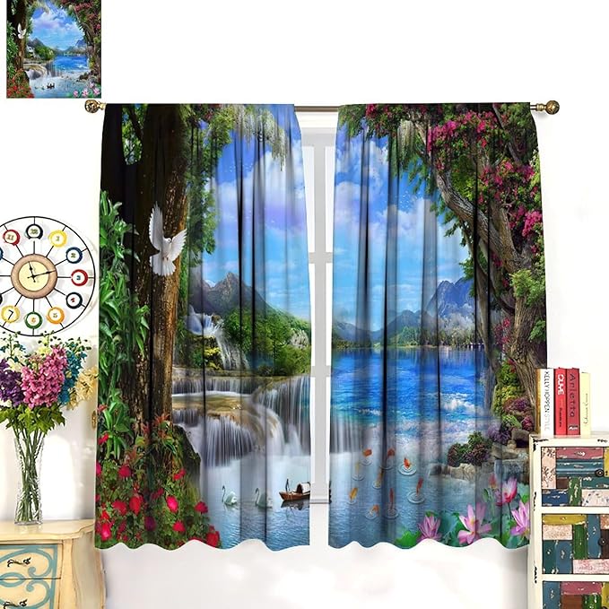 Spring Jungle Waterfall Blackout Window Curtains, Tropical Rainforest Floral Tree Waterfall Landscape Print Window Drapes, for Living Room Bedroom 42x54in 2 Panels