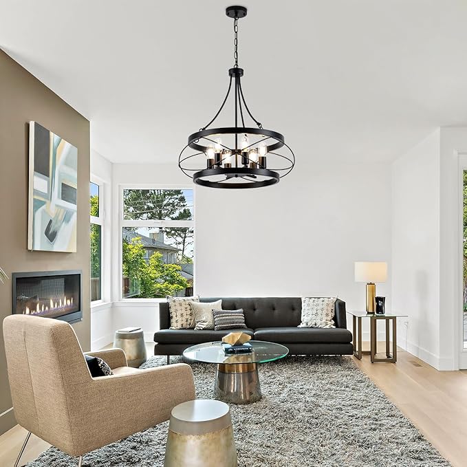 6-Light Farmhouse Chandelier, 23.62" Rustic Drum Dining Room Light Fixture