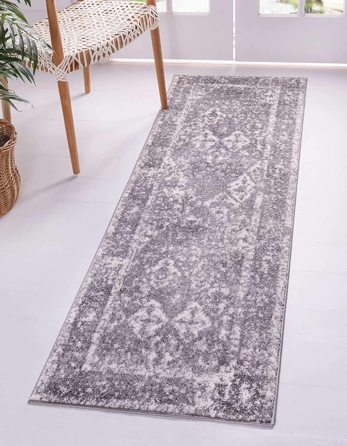 Unique Loom Rosso Collection Vintage, Traditional, Bohemian, Geometric, Distressed, Southwestern Area Rug (2' 7 x 10' 0 Runner, Gray/Ivory)