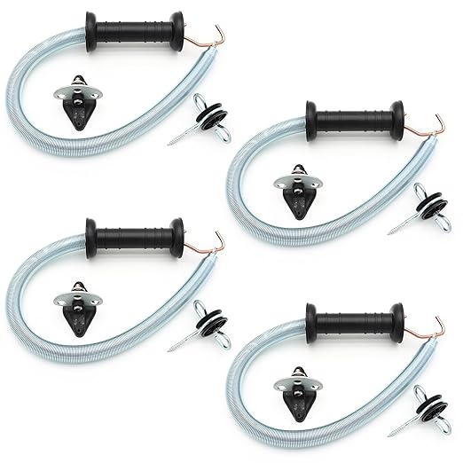 Electric Fence Spring Gate Handles Kit, Dual Ring Electric Fence Insulators for Wooden Post, Electric Fence Handle Set with Anchors,16-Feet Tension Spring, Black (4)