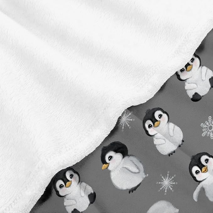 Thuswarm Cute Penguin Grey Flannel Throw Blanket Gifts Warm Cozy Soft Funny Print Blankets for Summer Room Decoration Bed Couch Sofa 50”×40” Small for Kid