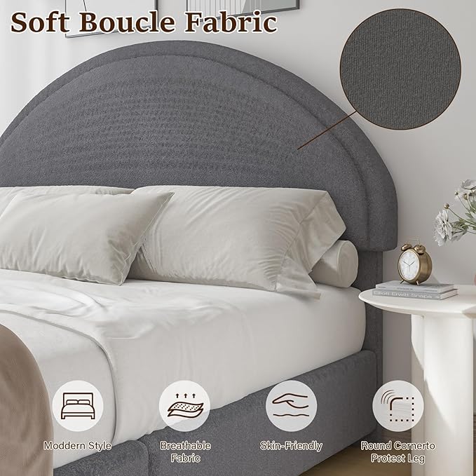 Queen Bed Frame, Upholstered Platform Bed with Headboard, Boucle Bed Frame with Round Conner, No Box Spring Required, Easy Assembly, Grey