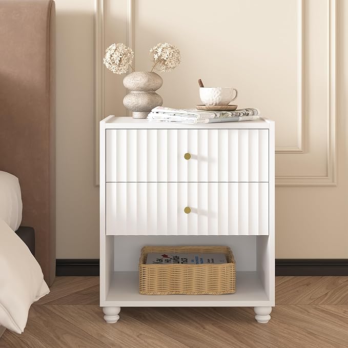 Modern Nightstand, Fluted End Table with 2 Drawers, Nightstand with Open Shelf for Bedroom (1, White)