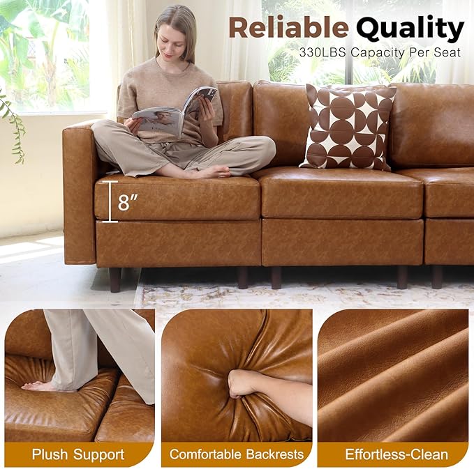 118.5" Faux Leather Modular Sectional Sofa with Storage Seat, Modern 6 Seater Couch Deep Seat with Removable Cover DIY Combination Brown