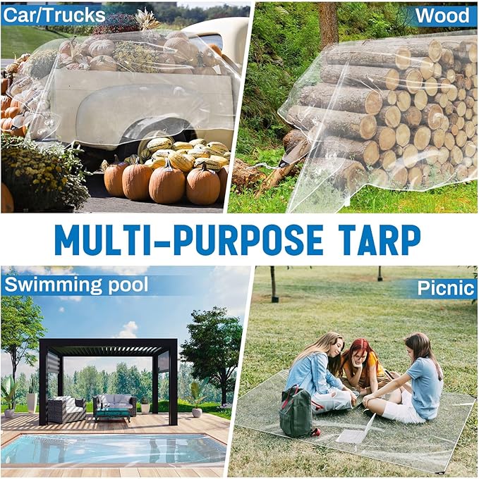 4 Pcs 6x8 ft Clear Tarp with Grommets Heavy Duty Transparent Tarp Waterproof 8mil Green House Cover with Rope for Plant Garden Patio Chicken Coop Porch (Classic Style)