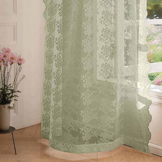 Anmao Vintage Lace Curtains 96 Inches Long 2 Panels Set, Romantic Elegant Light Filtering Semi Sheer Floral Thick Lacy Curtain Drapes for Living Room and Bedroom, Each Panel 55W x 96L, Dry Grass Green