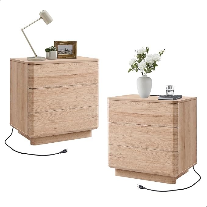 ACCOHOHO 22" Modern Nightstand Set of 2 with Charging Station, Push-to-Open 3 Drawers Bedside Table, Large End Table with Storage, Night Stand for Bedroom, Living Room, Curved Profile, Natural Oak