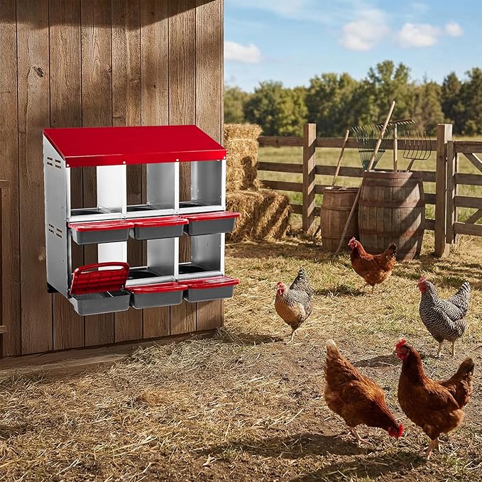 6 Compartment Chicken Nesting Box with Roll Away Egg Design - Wall Mount Hen Laying Box with Pull-Out Trays for Easy Egg Collection, Cleanable & Chicken Coop Accessories, 6 Holes, Red