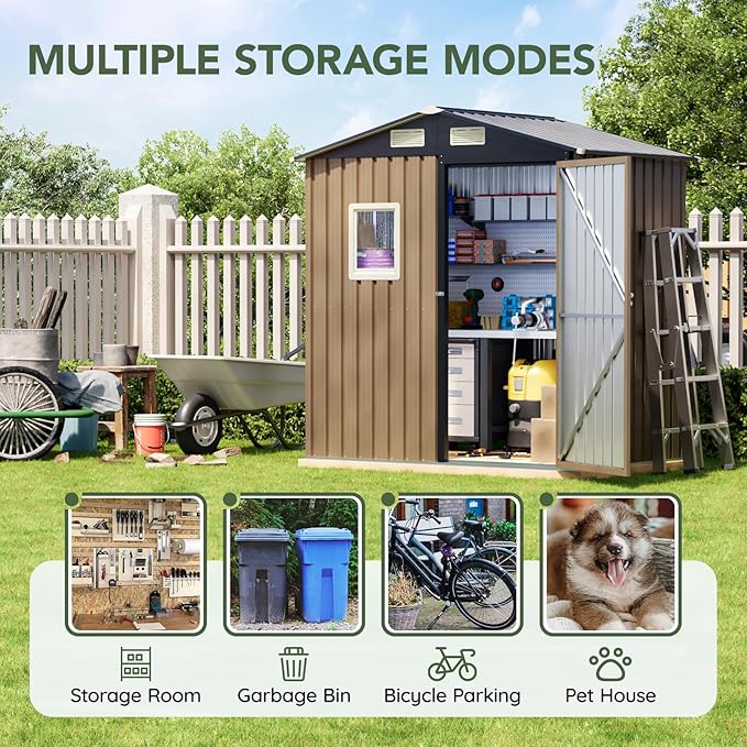 6x4 FT Outdoor Metal Storage Shed, Single Door, 1 Clear Window, Tool Shed for Garden, Patio, Backyard Brown