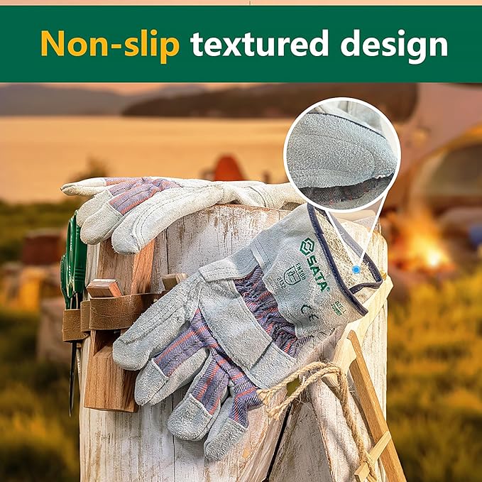SATA Heavy Duty Halfleather Work Gloves, Doublelayer Cowhide, Cotton Lining, Leather Palm, Gardening, Yard Gloves