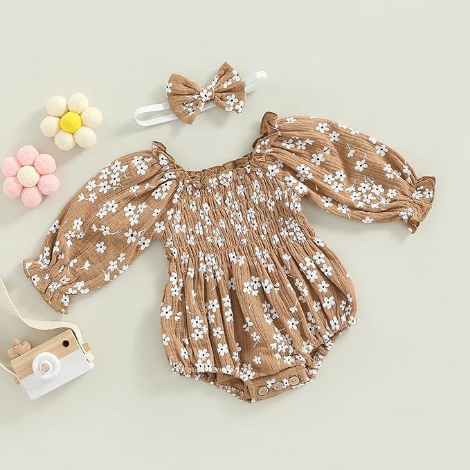 2pcs Infant Baby Girls Romper Dress Headband Long Sleeve Clothing Flowers Newborn Boho Girl Outfit Jumpsuit Clothes