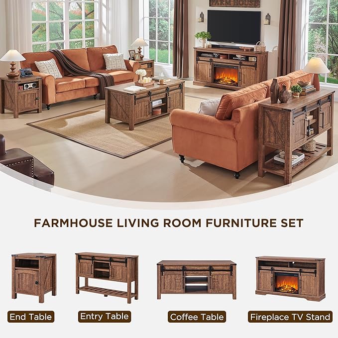 OKD Nightstand with Charging Station Set of 2, 18 Inchs Farmhouse End Table with Adjustable Storage Shelf, Rustic Wood Sofa Side Table for Living Room, Bedroom