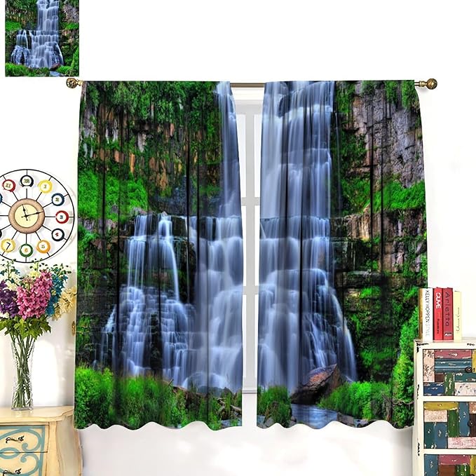 Nature Scenery Waterfall Blackout Curtains, Forest Waterfall Landscape Green Jungle Stone Falls Print Pattern Rod Pocket Window Drapes, for Bedroom Living Room 52" W X 84" L