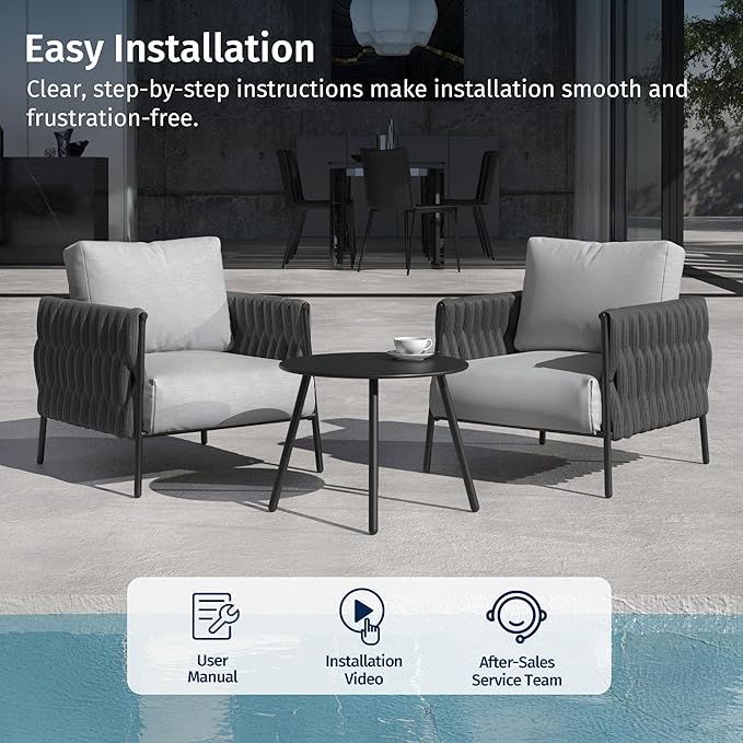 EAST OAK 3-Piece Patio Furniture Set | Armchairs & Coffee Table | Outdoor Furniture with Cushions | Deep Seating Modern Conversation Set | Garden, Porch, Balcony & Backyard | Misty Grey
