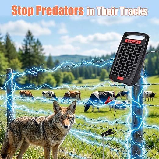 Short-Circuit Alarm 5Miles Solar Electric Fence Charger with Solar Panel,0.11J Solar Powered Fence Charger 24-Hour Protection,Easy to Set up,14-Day Continuous Protection for Livestock