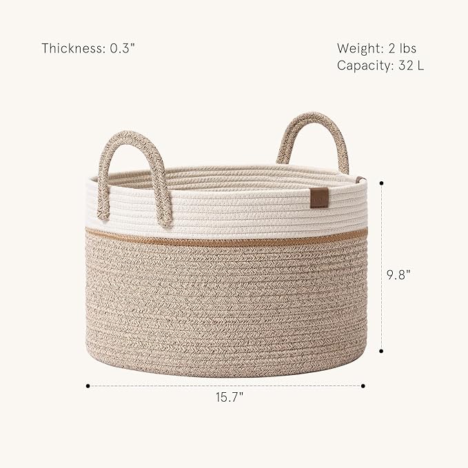 LA JOLIE MUSE Woven Basket Rope Storage Baskets - Tall Cotton Basket, Laundry Basket for Blanket, Kids Toy, Nursery Clothes Hamper Basket-S