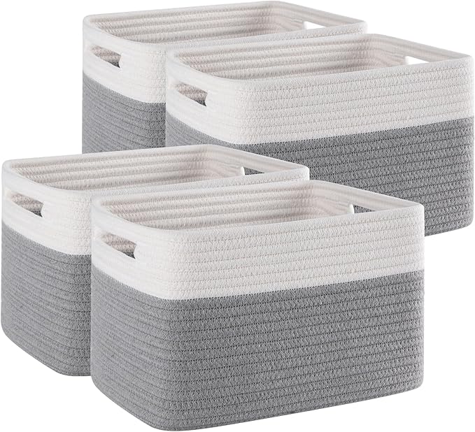 4 Pack Storage Baskets for Organizing, Woven Baskets for Shelves - Perfect for Toys, Books, Towels, and Clothes, Durable Gift Basket Bins Toy Storage, 12.7''L x9''W x7.8''H, Grey and White