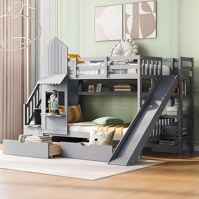 Full-Over-Full Castle Style Bunk Bed with 2 Drawers and 3 Shelves, Wood Bunk Bed Frame with Slide and Storage Staircase for Kids Teens Boys Girls, Maximize Space Savings