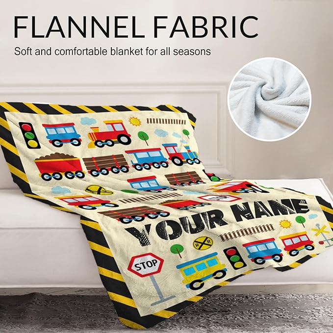 Personalized Train Blanket for Boys Kids - 40" x 50" Inches Cartoon Train Blanket Gifts - Yellow Warm Soft Flannel Throw for Crib, Couch, Sofa