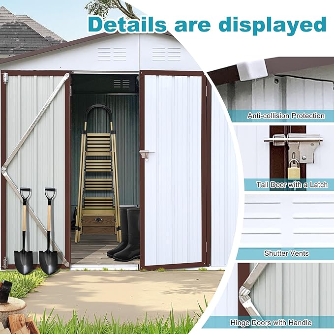 Storage Shed 8ft×6ft Classic Apex Roof Tool Shed Outdoor Storage Metal Garden Storage Sheds Tool Cabinet with Hinged Door Syste for Backyard, Patio, Poolside, White +Offee