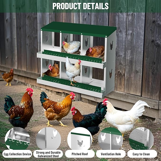 6-Hole Chicken Nesting Box, Rustproof Galvanized Steel Roll-Out Egg Collection with Vented Design, Laying Box for Hens, Poultry Coop Accessories for Egg Layers