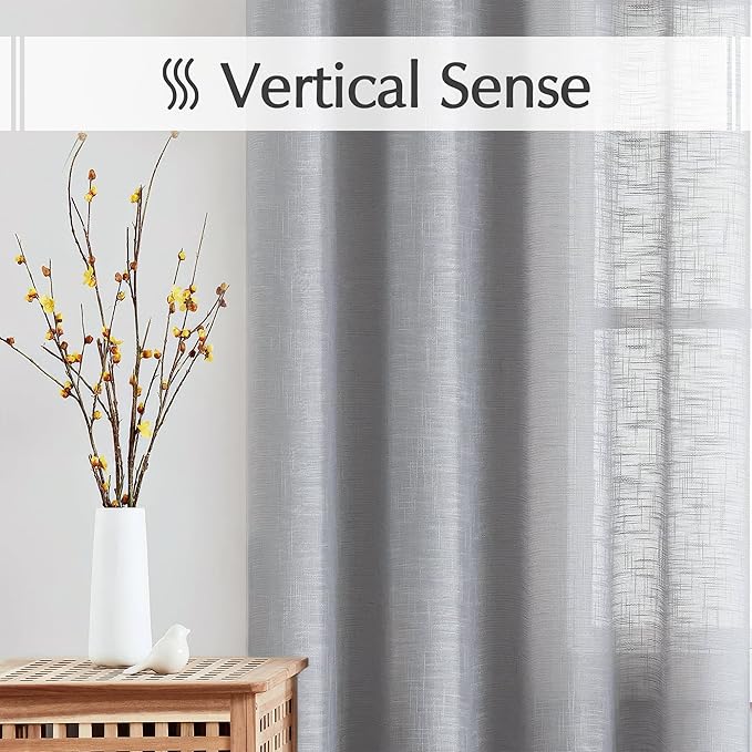 FMFUNCTEX Linen Semi Sheer Curtains for Bedroom, Grey Curtains 63 Inch Length for Living Room, Country Farmhouse Sheer Drapes, Light Filtering Window Curtain, Grommet Top 2 Panels
