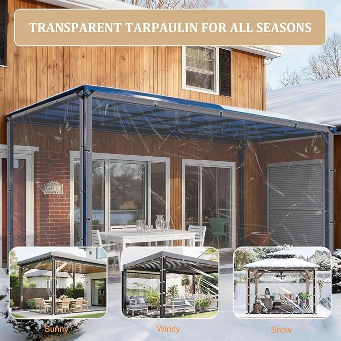 16x24 FT Heavy Duty Clear Waterproof Tarp, Transparent Vinyl Tarpaulin with Reinforced Grommets for Outdoor Garden Greenhouse, Patio, Porch, Chicken Coop, Camping Cover