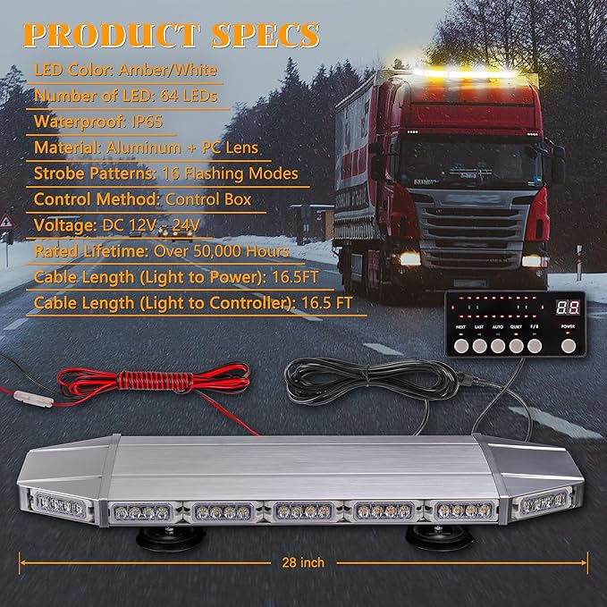 28" Amber White Rooftop Strobe Light Bar Emergency 64 LED Warning Hazard