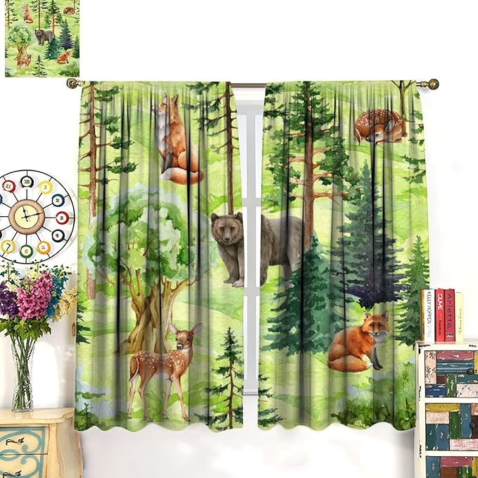 Woodland Animal Curtains, Watercolor Jungle Animals Fox Bear Pattern Blackout Window Treatments, Rod Pocket Thermal Insulated Drapes 2 Panel Sets for Kids Bedroom Nursery Classroom, 72" W X 63" L