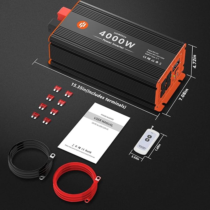 4000 Watt Power Inverter 12V DC to 110V/120V AC Converter Peak Power 8000W Car Inverter with LCD Display 2 AC Outlets USB Port Cables Included for RV,Truck,Off-Grid Solar System Remote Controller