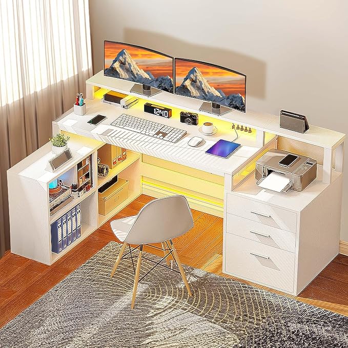 DWVO L Shaped Desk with Drawers, 65" Computer Desk with Power Outlets & LED Lights, Corner Home Office Desk with Storage Shelves & Printer Stand, White