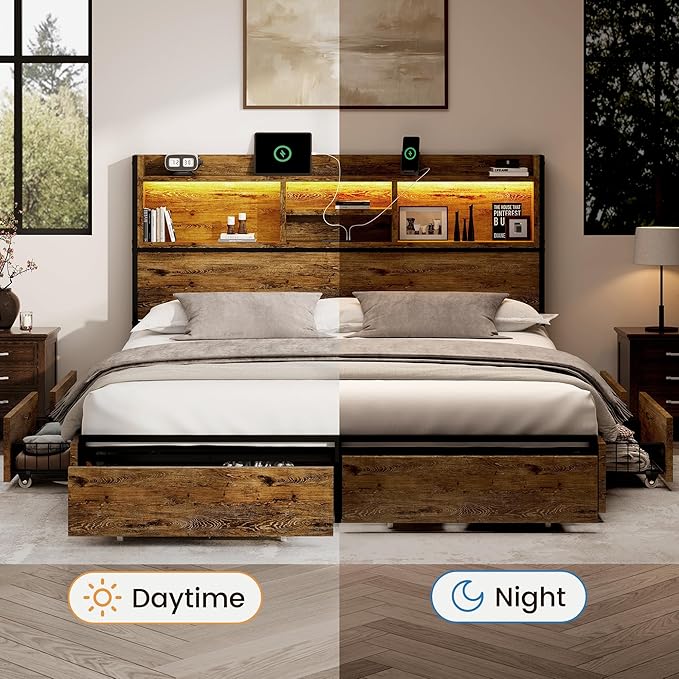 Queen Storage Bed Frame with 6 Drawers, USB Charging Station, No Noise