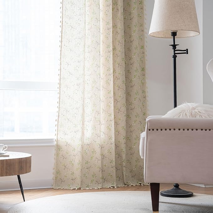 ENJOYBRIDAL Floral Boho Curtains 2 Panels Short 63 Inch Curtains Patterned Semi Sheer Living Room Drapes Farmhouse Bohemian Window Curtain Panels with Tassel Beige Rod Pocket Bedroom Drapes