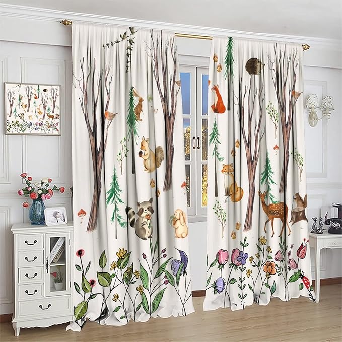 Forest Animal Kids Curtains, Watercolor Cartoon Window Treatments, Cute Animal Floral Girl Toddler Home Bedroom Living Room Drapes 52x84in