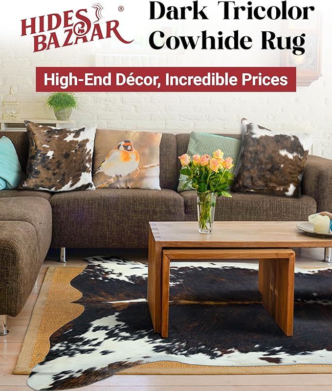 Natural Cowhide Rug for Home & Office Premium Dark Tricolor Cowhide Rug with Unique Dark Brown, Black & White Patterns- Cow Hide Rugs Made with Tanned Leather - Cow Hide Rugs 6x6-7 ft