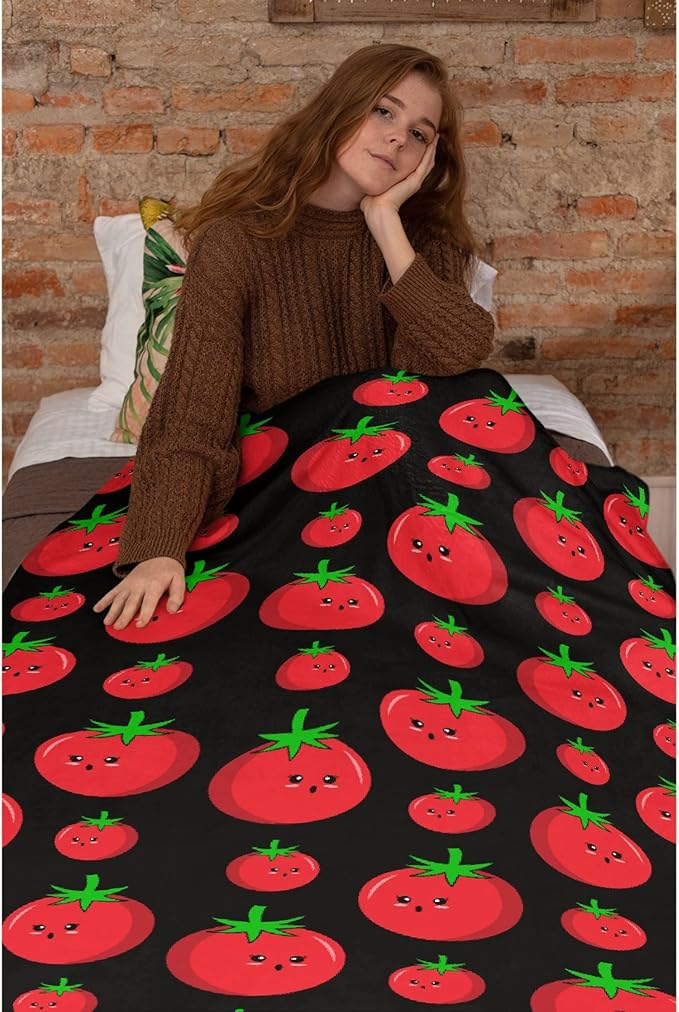 Thuswarm Cute Tomato Kawaii Black Flannel Throw Blanket Warm Cozy Soft Funny Print Blankets for Bed Couch Sofa Room Decoration Gifts 60”×50” Medium for Teen