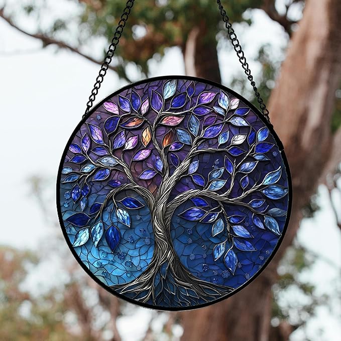 Stained Glass Window Hanging, Blue Purple Tree of Life Sun Catchers Colorful Glass Panel Plants Suncatcher Decor for Birthday for Women,Men,Wife, Lovers, and Mom 14.9x14.9 in