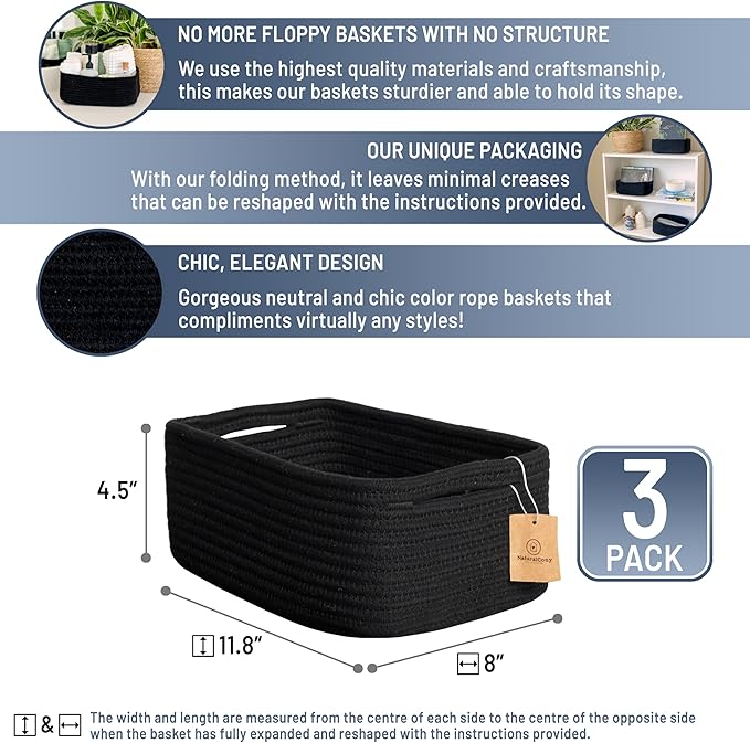 NaturalCozy 11.8"x8"x4.5” Rectangle Storage Baskets for Shelves 3 Pack | Cotton Rope Woven Small Baskets for Organizing | Small Storage Bins for Nursery, Bathroom, Closet, Shelf, Decorative, Gift